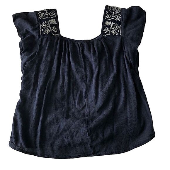Hollister Boho Embroidered Peasant blouse Navy Blue Juniors Small - Picture 4 of 11